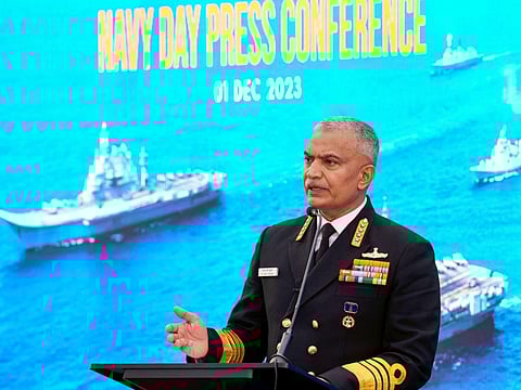 Chief of the Naval Staff Admiral R Hari Kumar addresses a press conference ahead of the celebration of Navy Day, in New Delhi, Friday, Dec. 1, 2023. (PTI Photo)