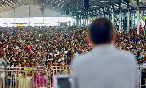 Congress leader Rahul Gandhi addresses the gathering during the inauguration of Mahila Congress State Convention Utsaah at Marine Drive, in Ernakulam district, Friday, Dec.1, 2023. (PTI Photo)