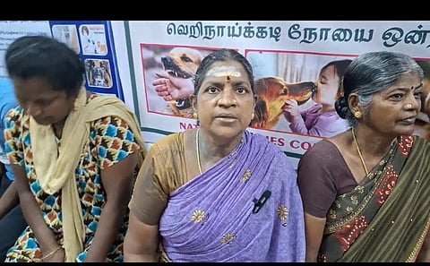 Caption: Residents who suffered dog bites waiting for treatment outside the anti-rabies OPD in Puducherry General Hospital on Wednesday. (Photo | Express)