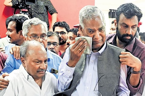 CPI national secretary D Raja breaks down as the mortal remains of CPI state secretary Kanam Rajendran were brought to the PS Smarakam at Pattom, which is the central committee office of the CPI. Seni