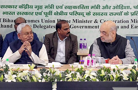 Union Home Minister Amit Shah with Bihar Chief Minister Nitish Kumar during the 26th meeting of Eastern Zonal Council, in Patna on Sunday, December 10, 2023. (Photo | PTI)
