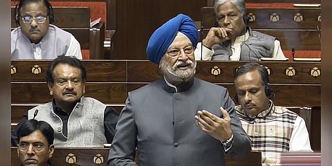 Union Minister Hardeep Singh Puri speaks in the Rajya Sabha during the Winter session of Parliament, in New Delhi. (Photo | PTI)