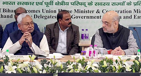 Union Home Minister Amit Shah with Bihar Chief Minister Nitish Kumar during the 26th meeting of Eastern Zonal Council, in Patna, Sunday, Dec. 10, 2023. (PTI)