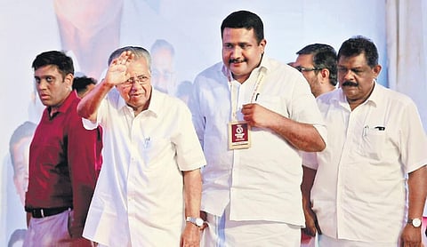CM Pinarayi Vijayan, Transport Minister Antony Raju, MLA Antony John and District Collector NSK Umesh at Nava Kerala Sadas at Kothamangalam on Sunday | Express