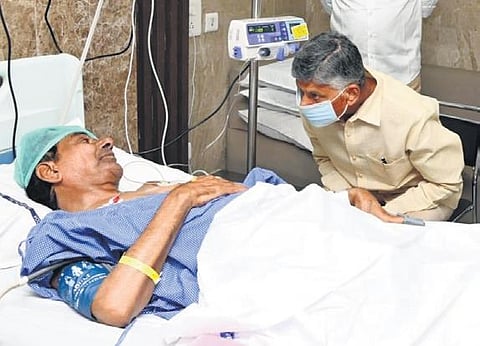 Former Andhra Pradesh chief minister N Chandrababu Naidu visits former Telangana chief minister K Chandrasekhar Rao at the Yashoda Hospital in Hyderabad on Monday