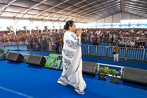 West Bengal Chief Minister and TMC supremo Mamata Banerjee during a programme at Kanchenjunga Stadium, in Siliguri on Tuesday, December 12, 2023. (Photo | PTI)