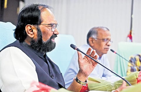 Irrigation Minister N Uttam Kumar Reddy speaks during a review meeting with Irrigation officials at Jal Soudha in Hyderabad on Monday| Sri Loganathan Velmurugan