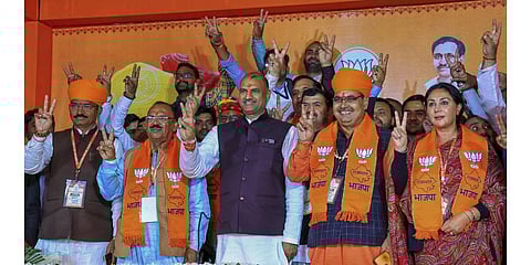 Newly-elected Rajasthan Chief Minister Bhajan Lal Sharma with his deputies Diya Kumari and Prem Chand Bairwa, newly-elected State Assembly Speaker Vasudev Devnani. (Photo | PTI)