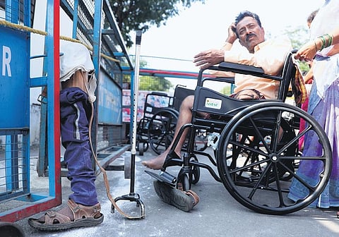 A differently-abled person exits Praja Bhavan after submitting his petition during Praja Darbar in Hyderabad on Monday | Sri Loganathan Velmurugan