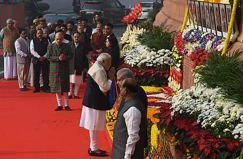 Prime Minister Narendra Modi during a remembrance ceremony for the 2001 attack on Parliament at Parliament House in New Delhi on Wednesday. (Photo | Shekhar Yadav)