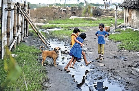 Children helping one another to cross an oil-filled water stream at Adi Dravidar Street in Ernavoor in Chennai; (inset) A resident shows the oil mixed water | P Ravikumar