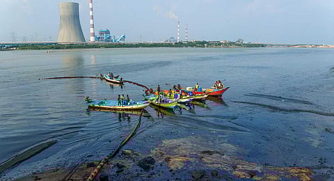 Fishermen clean after an oil spill in the Bay of Bengal off the Ennore Creek area in the aftermath of Cyclone Michaung, near Chennai, Tuesday, Dec. 12, 2023. (PTI)