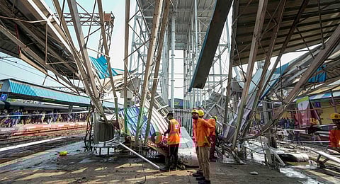 Damaged roof of a platform at Bardhaman railway station after a large overhead water tank fell on it, in Bardhaman, West Bengal, Wednesday, Dec. 13, 2023. (PTI)