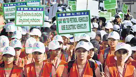 Students take part in a rally organised as part of National Energy Conservation Week-2023 celebrations in Vijayawada on Thursday I Prasant Madugula