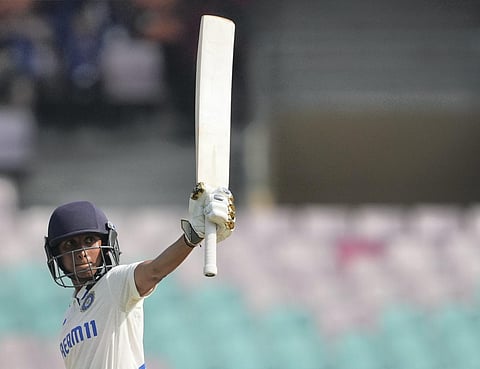 India's Satheesh Shubha celebrates after scoring a half-century during the first day of a one-off test cricket match between India England Women, at DY Patil Stadium, in Navi Mumbai. (Photo | PTI)