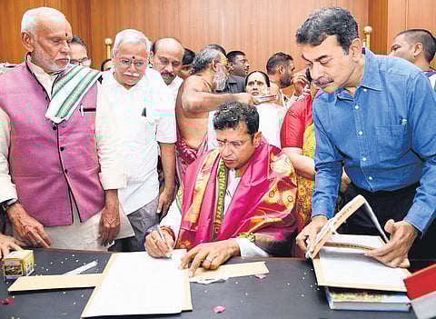 Duddilla Sridhar Babu takes charge as the Minister of IT & Industries and Legislative Affairs at the Secretariat on Thursday