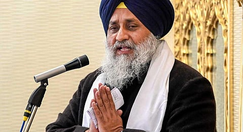 SAD President Sukhbir Singh Badal addresses a gathering at Gurdwara Shaheed Baba Gurbaksh Singh on the 103rd foundation day of the SAD, in Amritsar, Thursday, Dec. 14, 2023. (PTI)