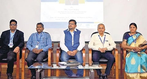 Sunil Baby (centre) with NMIT faculty Piyush Kumar Pareek, Dr J Sudheer Reddy, Dean, International Relations, HC Nagaraj, Principal, and N Nalini, Dean, Students Welfare, at the lecture on Thursday.