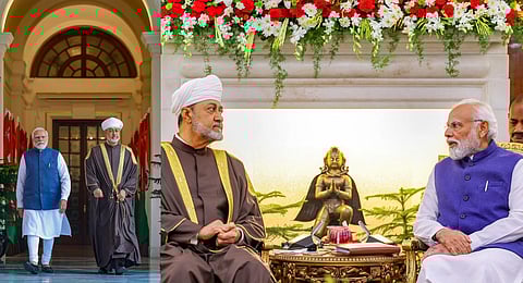 Prime Minister Narendra Modi and Sultan of Oman Haitham Bin Tariq before their meeting at the Hyderabad House, in New Delhi. (Photo | PTI)