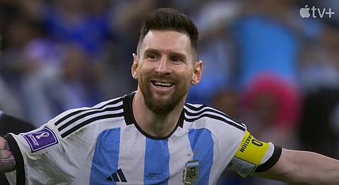 Argentina's Lionel Messi celebrates after scoring the opening goal of his team during the group D match between Argentina and Nigeria, at the 2018 World Cup 