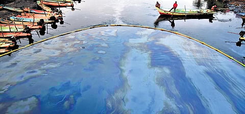 A CPCL team working to stop the spread of oil slick at Ennore Creek in Chennai. The environmental hazard is now threatening 30 villages near the Pulicat lake | P Ravikumar