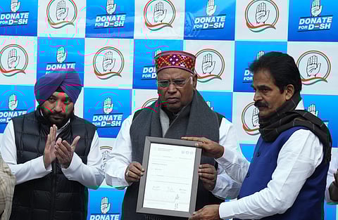 Congress President Mallikarjun Kharge with party leaders KC Venugopal, Arvinder Singh Lovely and others during the launch of 'Donate for Desh' crowdfunding campaign, in New Delhi | PTI