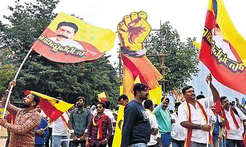 Fans of Vishnuvardhan protest at Freedom Park in Bengaluru on Sunday | Express