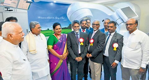 Chief Minister Siddaramaiah and others after the inauguration of the TrueBeam Linear Accelerator at Bangalore Baptist Hospital in Hebbal on Monday | Express
