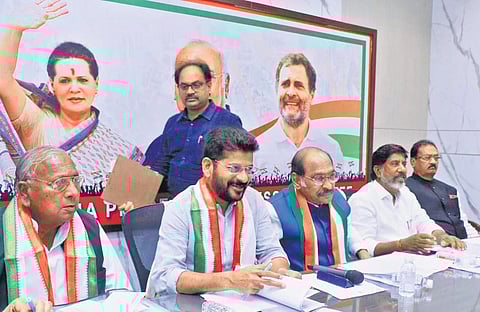 Chief Minister A Revanth Reddy addresses the party’s Political Affairs Committee meeting at Gandhi Bhavan in Hyderabad on Monday