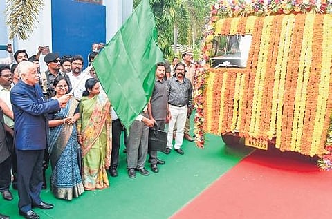 Governor S Abdul Nazeer flags off the Vikasit Bharat Sankalp Yatra in Tirupati on Monday. (Photo | Madhav K, EPS)
