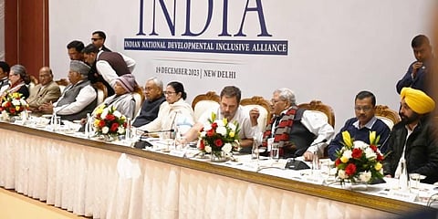 Congress chief Mallikarjun Kharge, Sonia Gandhi, RJD Chief Lalu Prasad Yadav, JDU Chief Nitish Kumar, Rahul Gandhi and TMC Chief Mamta Banerjee, Delhi CM Arvind Kejriwal. (Photo | EPS/ Shekar Yadav)