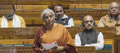 Finance Minister Nirmala Sitharaman speaks in the Lok Sabha during the Winter session of Parliament, in New Delhi on Tuesday, December 19, 2023. (Photo | PTI)