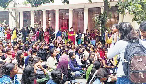 Students of Maharani Cluster University protest on Monday | Express