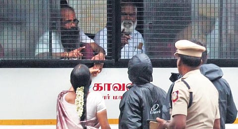 Nalini and her husband Murugan, who were released from jail in the former PM Rajiv Gandhi assassination case, hold hands outside Vellore jail on 13 November 2022. (Photo | S Dinesh, EPS)