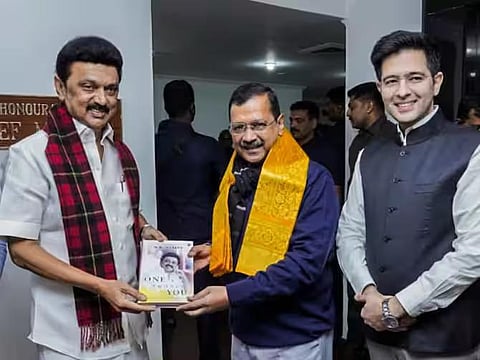 Delhi Chief Minister Arvind Kejriwal meets his Tamil Nadu counterpart M K Stalin here ahead of the INDIA bloc meeting. (Photo | PTI)