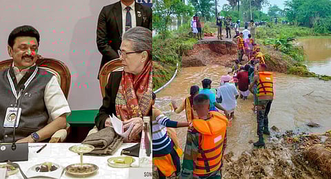 Congress leader Sonia Gandhi with TN CM MK Stalin and DMK leader TR Baalu. Army personnel during their rescue operation in flood-hit Nanalkadu. (Photo | PTI)