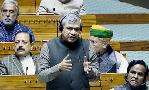 Railways Minister Ashwini Vaishnaw speaks in the Lok Sabha during the Winter session of Parliament, in New Delhi on Wednesday, December 20, 2023. (Photo | PTI)
