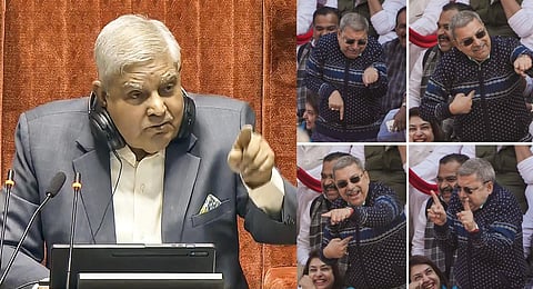 TMC's Kalyan Banerjee mimicked Rajya Sabha Chairman Jagdeep Dhankhar during a protest along with other suspended MPs during the Winter session of Parliament, in New Delhi, Dec. 19, 2023. (PTI)