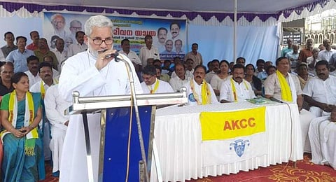 Pala Bishop Mar Joseph Kallarangattu speaks at 'Athijeevana Yatra' in Pala. (Photo | Express)