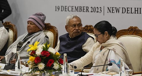 Bihar CM Nitish Kumar (C) during the Indian National Developmental Inclusive Alliance (INDIA) meeting, in New Delhi, Tuesday, Dec. 19, 2023. (PTI Photo)