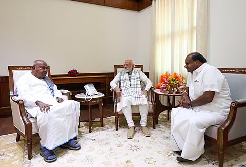 JDS Supremo HD Devegowda meet PM Modi along with sons HD Kumaraswamy. HD Revanna  and grand son Prajwal Revanna in New Delhi on Thursday.