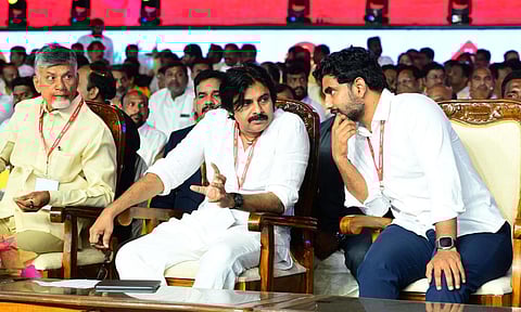 TDP chief N Chandrababu Naidu, TDP general secretary Nara Lokesh and Janasena chief Pawan Kalyan during the occasion of the completion of Yuvagalam padayatra | Express