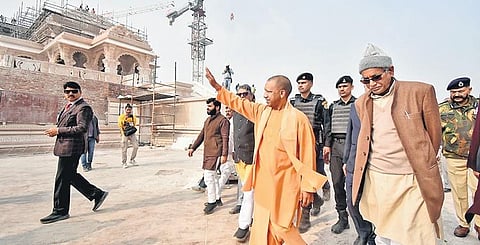 Uttar Pradesh Chief Minister Yogi Adityanath inspects the construction work of Ram temple in Ayodhya on Thursday | pti
