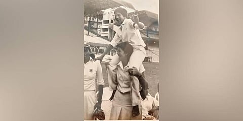 Nilima Joglekar (top) being hoisted by an Australian player after the 1984 Test series in India. (Photo | Special Arrangement)