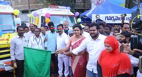 Health Minister Vidadala Rajani flagged off two special ambulances and inaugurated the blood donation camp at Guntur GGH on Thursday. (Express)