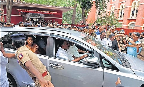 Ponmudy and his wife leaving the high court complex on Thursday | Ashwin Prasath