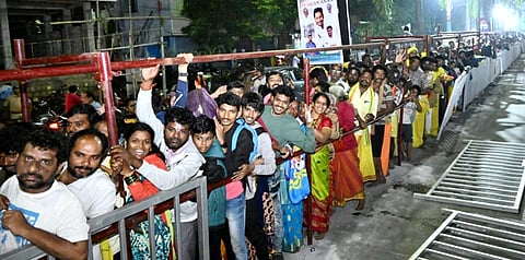 Devotees wait in queues lines as Vaikunta Ekadasi darshan tickets being issued at Tiruapti on Friday. (Photo | Madhav K, EPS)