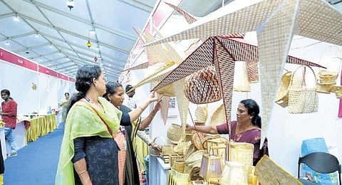 The exhibits include handicrafts, pickles, clothes, perfumes, crochets, sandals, crystals, antiques, organic skincare products, and chocolates.