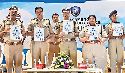 Hyderabad Commissioner of Police Kothakota Sreenivas Reddy (centre), along with other officials, unveils ‘Hyderabad city police annual report -2023’| Vinay Madapu