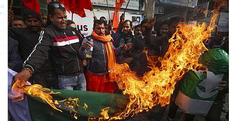 Rashtriya Bajrang Dal members protest against the terrorist attack yesterday in which five Army personnel were killed in Poonch. (Photo | PTI)